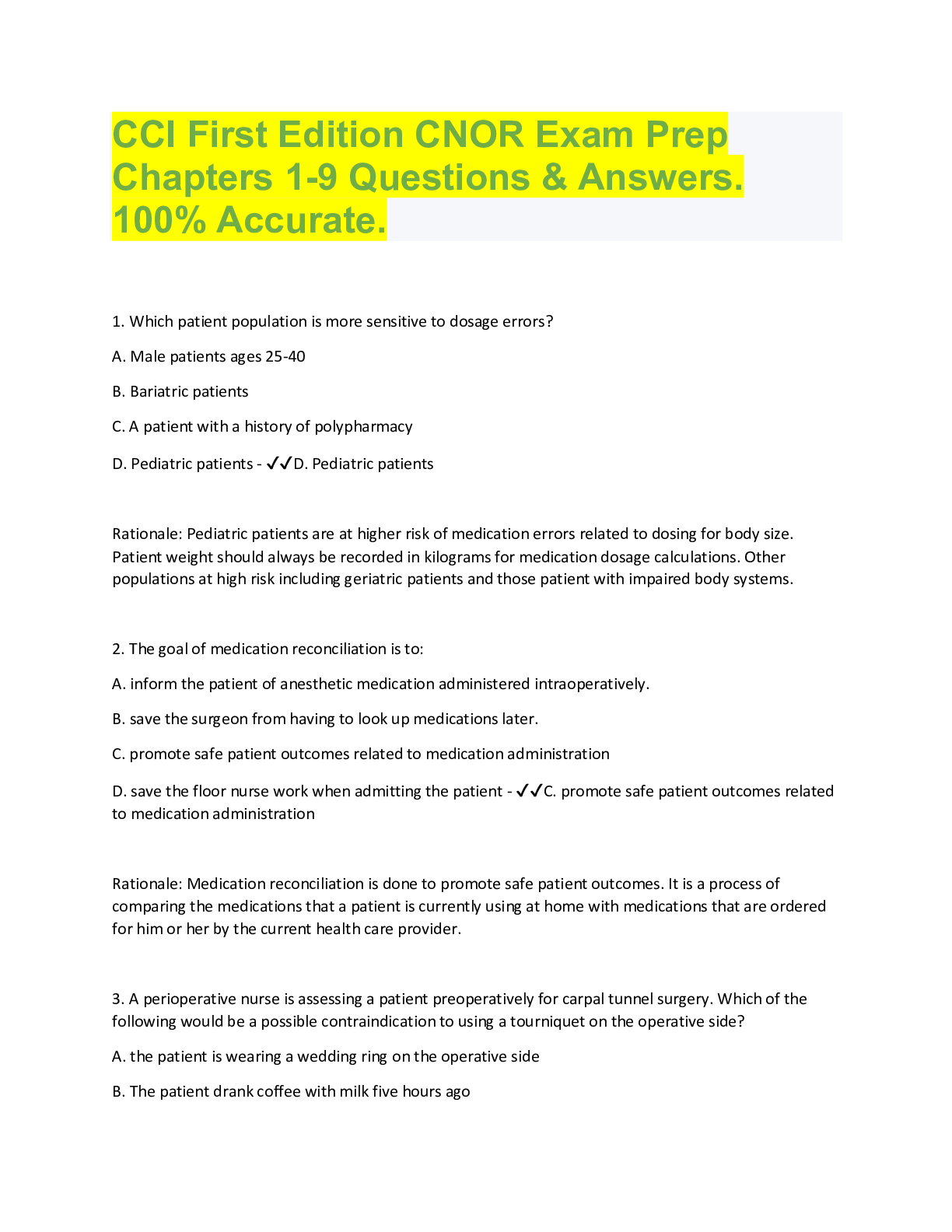 Preview image for CCI First Edition CNOR Exam Prep  Chapters 1-9 Questions & Answers.  100% Accurate.